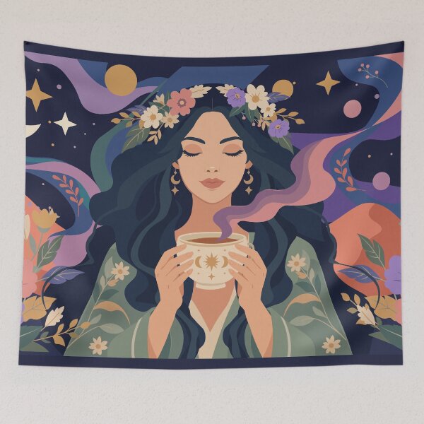 Item preview, Mystical Moon Goddess Drinking Tea - Celestial BoHo Illustration designed and sold by IllustratorNZ.