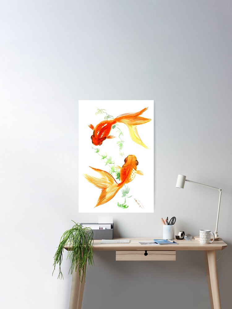 Goldfish Nursery Illustration Feng Shui Two Fish Art Wall Clock by SurenArt