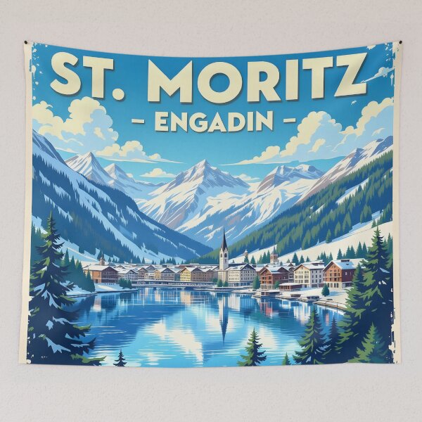 Item preview, St Moritz Switzerland – Vintage Alpine Lake Travel Poster designed and sold by LSVart.