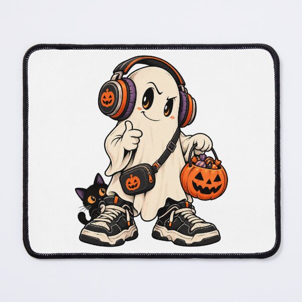 Item preview, Cool Ghost with Headphones and Sneakers | Retro Cartoon Halloween Trick or Treat Black Cat designed and sold by stillhereworks.
