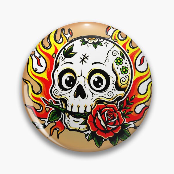 Item preview, Skull on Fire with Red Rose - Old School Tattoo Style Love and Fire designed and sold by AstronautMerch.