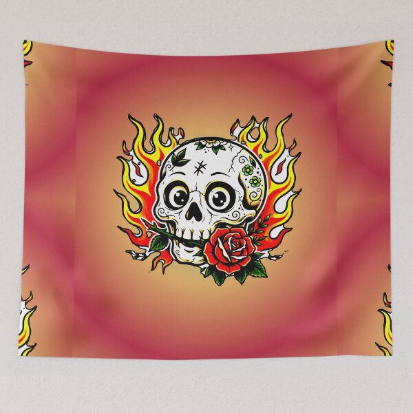 Item preview, Skull on Fire with Red Rose - Old School Tattoo Style Love and Fire designed and sold by AstronautMerch.