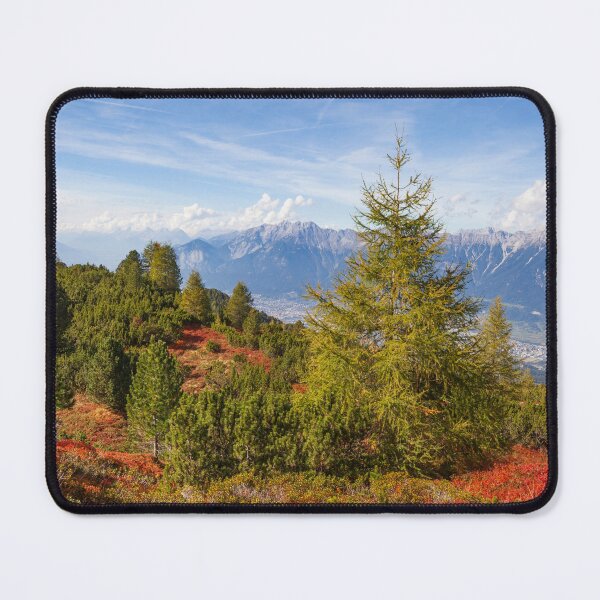 Item preview, Inn Valley with Karwendel Mountains and forest along the Zirbenweg hiking trail in autumn designed and sold by Torsten Krüger.