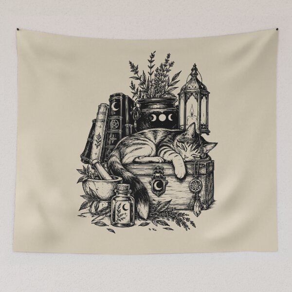 Item preview, Sleeping Cat in a Witch’s Apothecary designed and sold by bapupa.