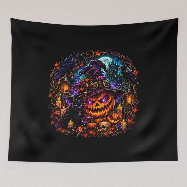 Item preview, Halloween Jack O Lantern Witch Cat Ravens Castle Art designed and sold by OlyvieArt.