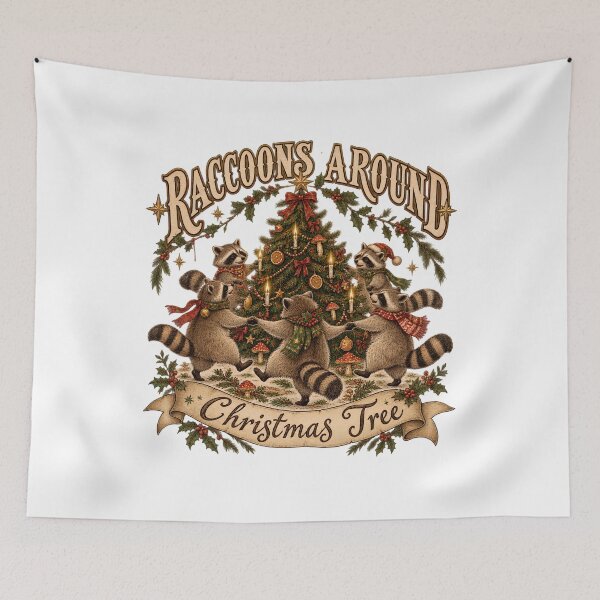 Item preview, Raccoons Around The Christmas Tree - Funny Vintage Holiday designed and sold by Neurospicy Trolls.