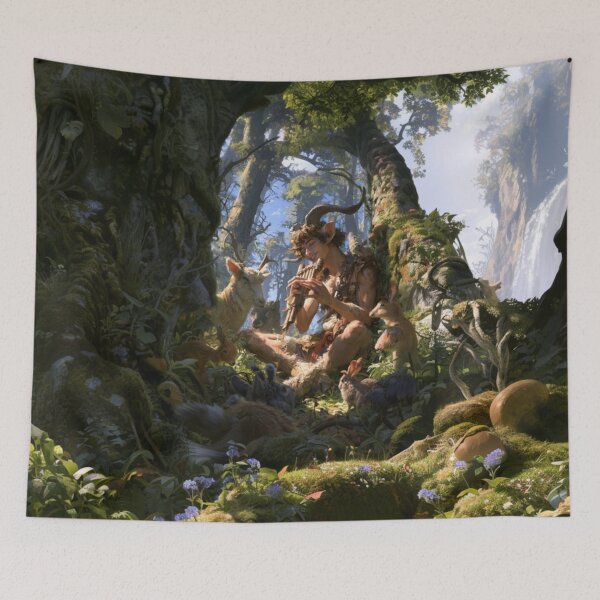Item preview, A playful Satyr playing enchanted panpipes within sunlit woodland glades while woodland animals gather around, Fantasy & Mythological Creatures designed and sold by CDC40.