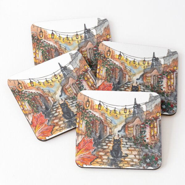 Item preview, Black Cat Village Road Halloween Watercolor designed and sold by DesseindImages.