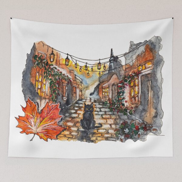Item preview, Black Cat Village Road Halloween Watercolor designed and sold by DesseindImages.