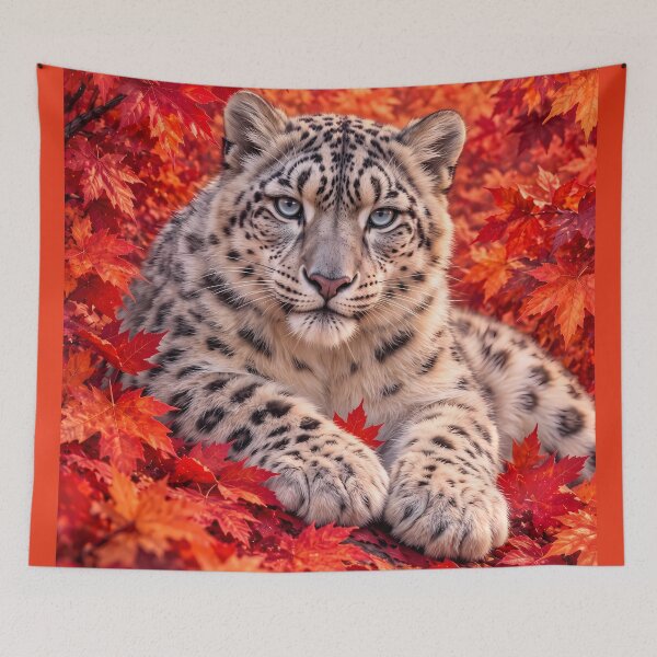 Item preview, Snow Leopard in Autumn Maple Leaves – Wildlife Art designed and sold by ManJiangHong.