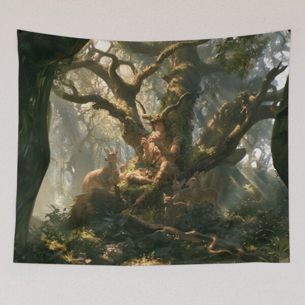 Item preview, A playful Satyr playing enchanted panpipes within sunlit woodland glades while woodland animals gather around, Fantasy & Mythological Creatures designed and sold by CDC40.