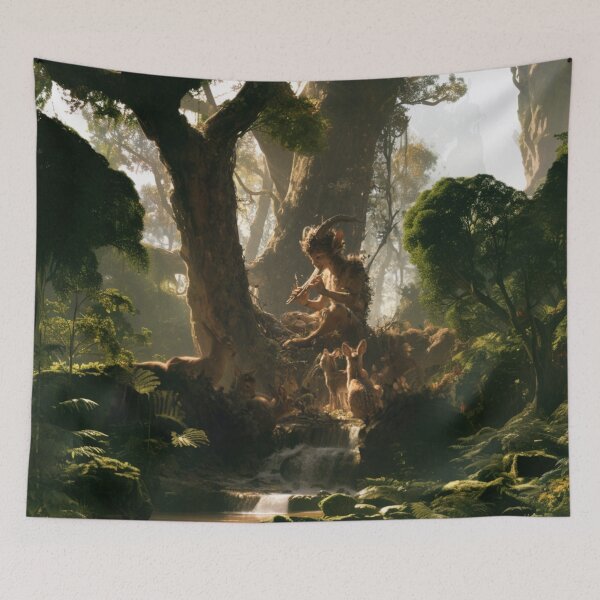 Item preview, A playful Satyr playing enchanted panpipes within sunlit woodland glades while woodland animals gather around, Fantasy & Mythological Creatures designed and sold by CDC40.
