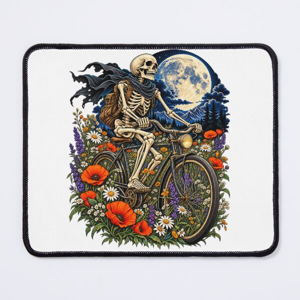 Item preview, Gothic Skeleton Riding Vintage Bicycle Through Moonlit Wildflowers designed and sold by WOHAMMAD.