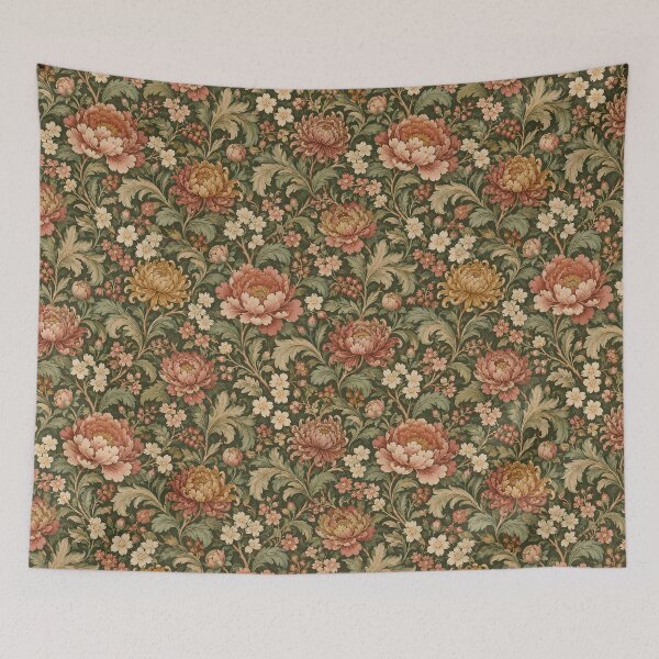 Item preview, Vintage Olive Green Peony Chrysanthemum Floral Pattern designed and sold by Apex Designs.