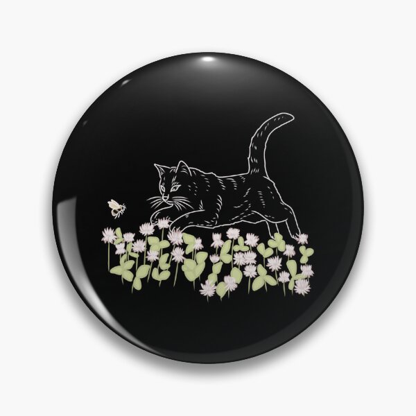 Item preview, Black Cat Jumping after Bee in Clover Cottagecore Folk Art Illustration designed and sold by LeshanArt.