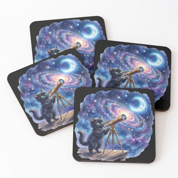 Item preview, Cute Black Cat Telescope Astronomy Galaxy Watercolor designed and sold by bvdesignart.