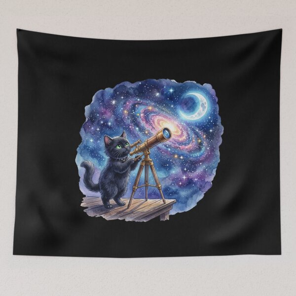 Item preview, Cute Black Cat Telescope Astronomy Galaxy Watercolor designed and sold by bvdesignart.