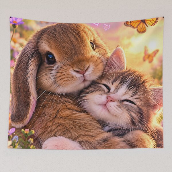 Item preview, Cute Bunny and Kitten Cuddle - Adorable Animal Friends designed and sold by BloomOfDesign.