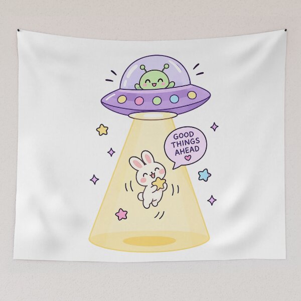 Item preview, Cute Alien UFO Abduction Bunny – Good Things Ahead Pastel Kawaii Space Art designed and sold by LexaArtworks.