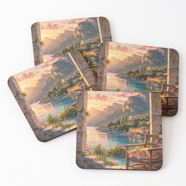 Item preview, Golden Sunset Lake View with Sleeping Cat on Wooden Chair designed and sold by cozypaperstudio.