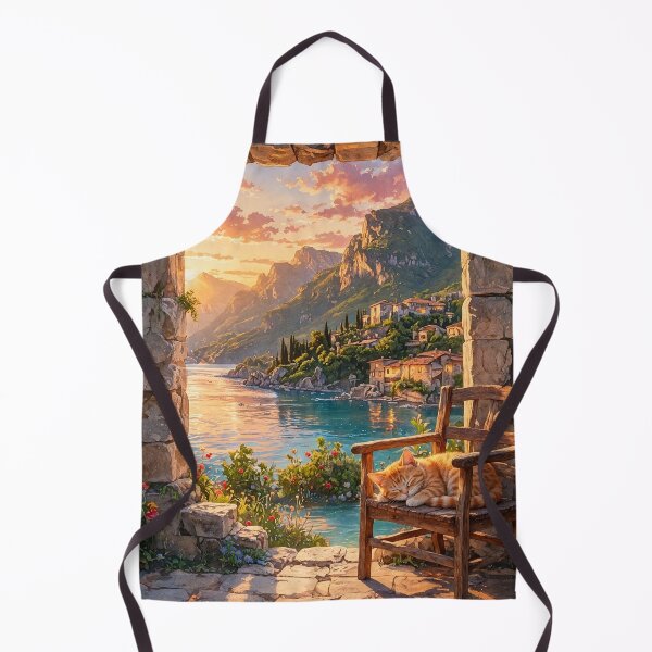 Item preview, Golden Sunset Lake View with Sleeping Cat on Wooden Chair designed and sold by cozypaperstudio.