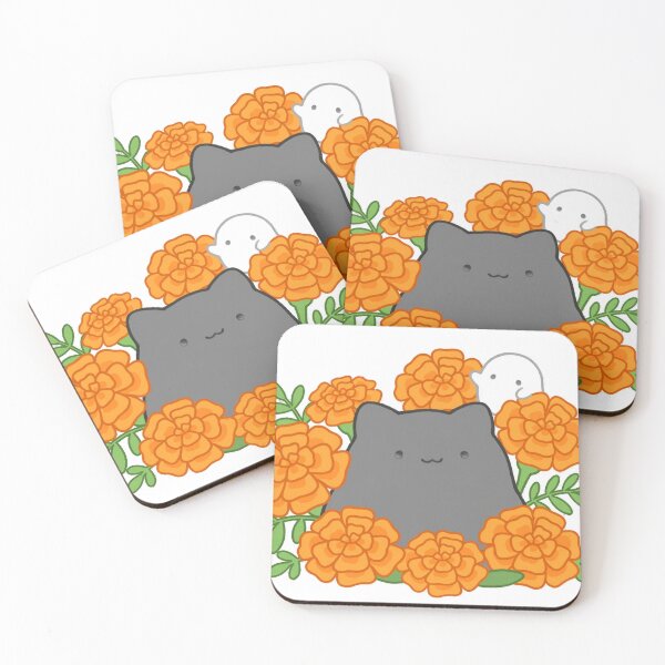 Item preview, Cute Black Cat Ghost Marigold Flowers Fall Kawaii Sticker designed and sold by xiaoxiaochibi.