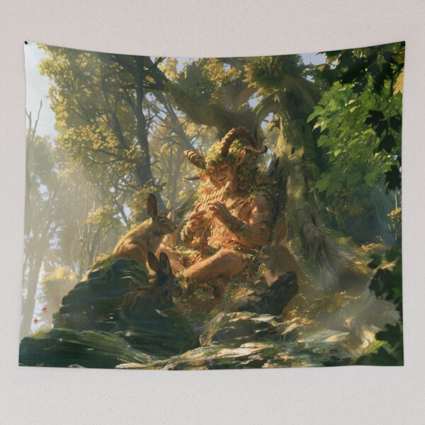 Item preview, A playful Satyr playing enchanted panpipes within sunlit woodland glades while woodland animals gather around, Fantasy & Mythological Creatures designed and sold by CDC40.