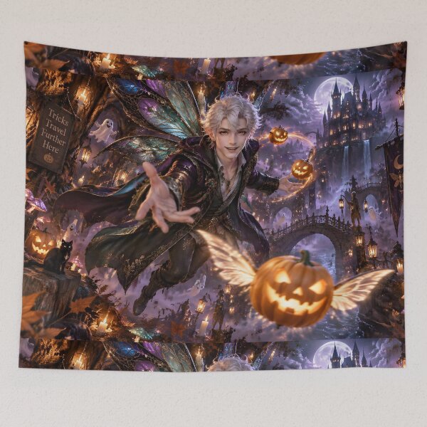 Item preview, Mischievous Fairy Juggling Halloween Pumpkins designed and sold by sigmaartstudio.