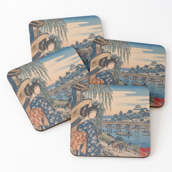 Item preview, Ukiyo-e Catgirl by a Japanese Castle at Sunset designed and sold by Komatoya.