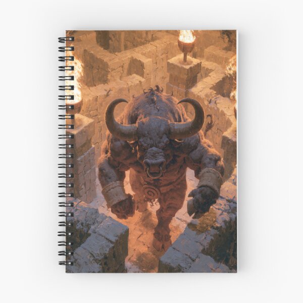 Item preview, A powerful Minotaur standing within an ancient stone labyrinth lit by flaming torches, Fantasy & Mythological Creatures designed and sold by CDC40.