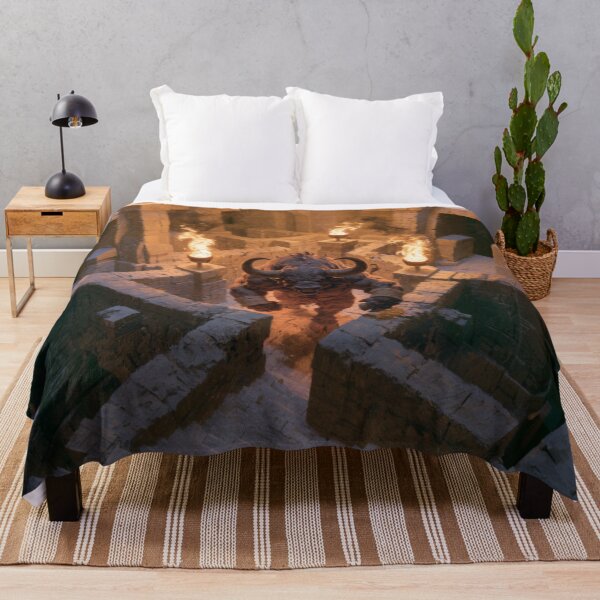 Item preview, A powerful Minotaur standing within an ancient stone labyrinth lit by flaming torches, Fantasy & Mythological Creatures designed and sold by CDC40.