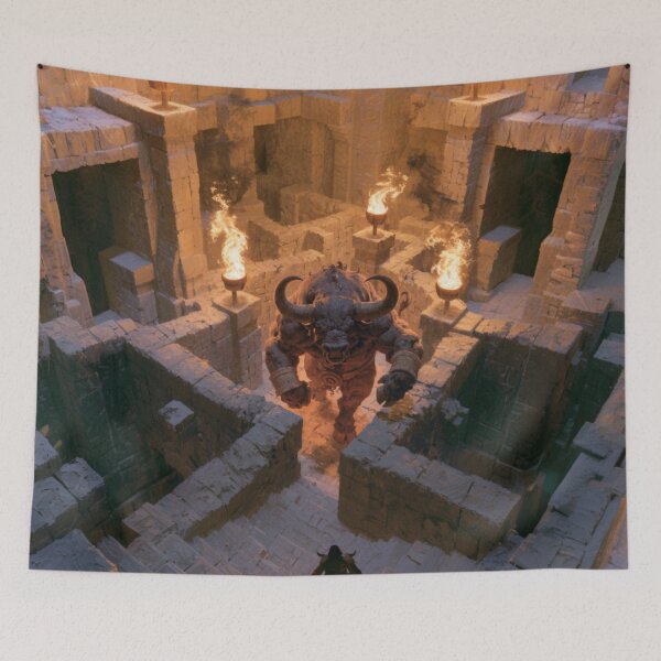 Item preview, A powerful Minotaur standing within an ancient stone labyrinth lit by flaming torches, Fantasy & Mythological Creatures designed and sold by CDC40.