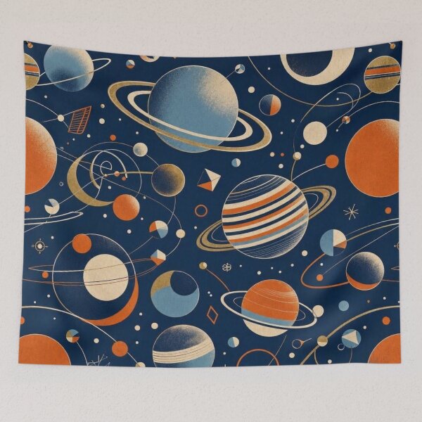 Item preview, Retro Planets & Orbit Rings - Navy Blue Astronomy Pattern designed and sold by Dogandesighn.