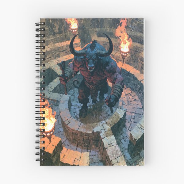 Item preview, A powerful Minotaur standing within an ancient stone labyrinth lit by flaming torches, Fantasy & Mythological Creatures designed and sold by CDC40.