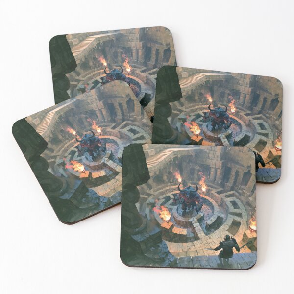Item preview, A powerful Minotaur standing within an ancient stone labyrinth lit by flaming torches, Fantasy & Mythological Creatures designed and sold by CDC40.