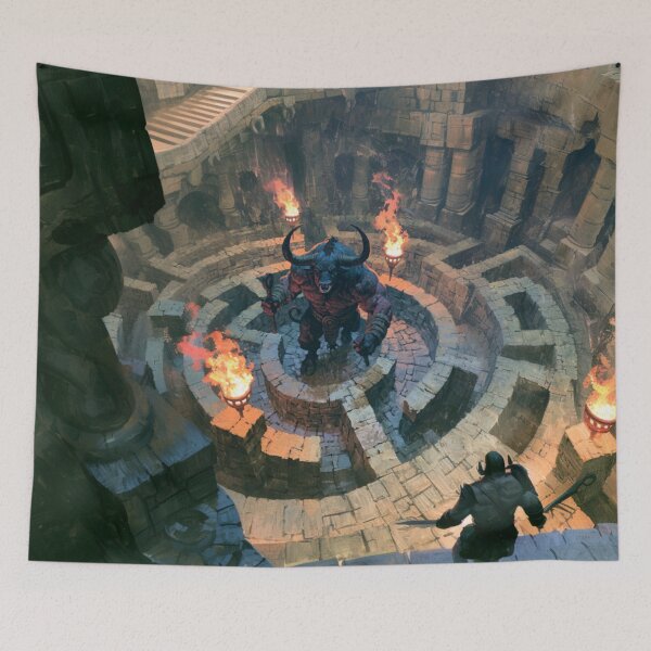 Item preview, A powerful Minotaur standing within an ancient stone labyrinth lit by flaming torches, Fantasy & Mythological Creatures designed and sold by CDC40.