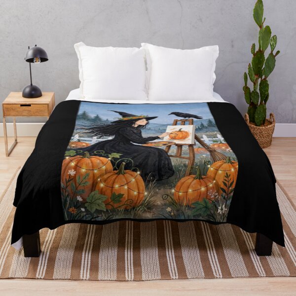 Item preview, Black witch and crow -Pumpkin Painter - painting pumpkins with brush at outdoor easel designed and sold by DibujandoPorfa.