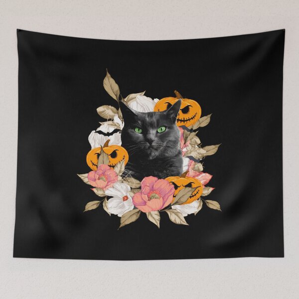 Item preview, Black Cat Halloween Floral Jack-o'-lantern Bat Art designed and sold by GiaoCalonas.