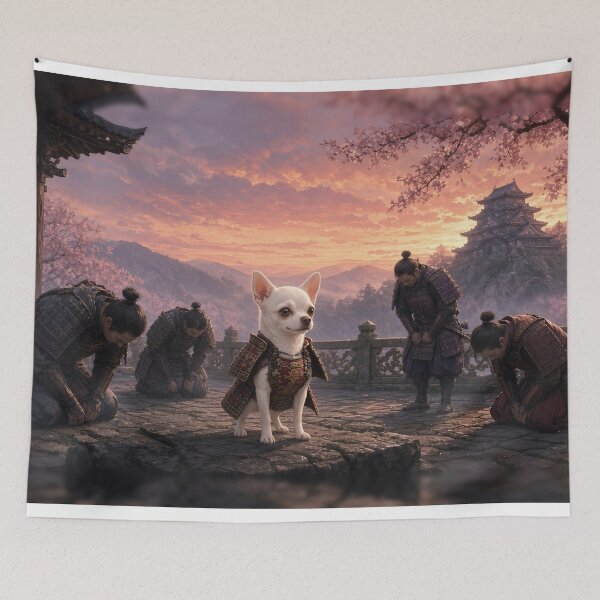 Item preview, Joshi, Samurai Lord of the Cherry Castle - The White Chihuahua Samurai at a Japanese Castle at Sunset designed and sold by KGOart.