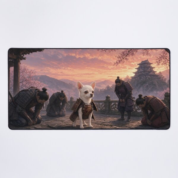 Item preview, Joshi, Samurai Lord of the Cherry Castle - The White Chihuahua Samurai at a Japanese Castle at Sunset designed and sold by KGOart.