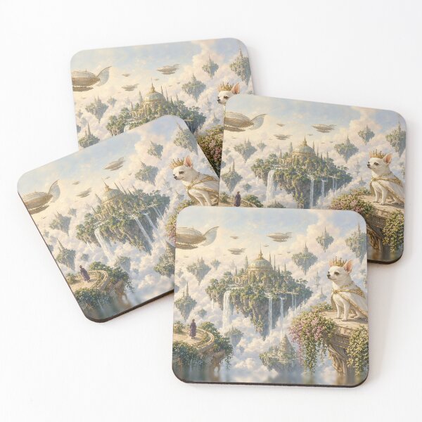 Item preview, Joshi, King of the Floating City - The White Chihuahua King Above Floating Garden Islands and Airships designed and sold by KGOart.