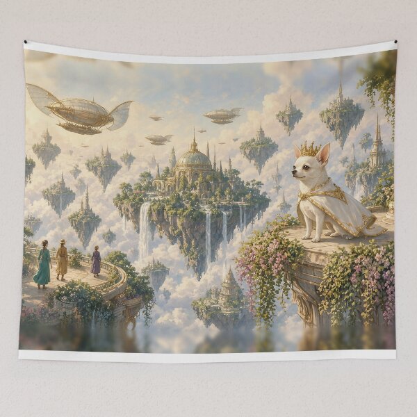 Item preview, Joshi, King of the Floating City - The White Chihuahua King Above Floating Garden Islands and Airships designed and sold by KGOart.