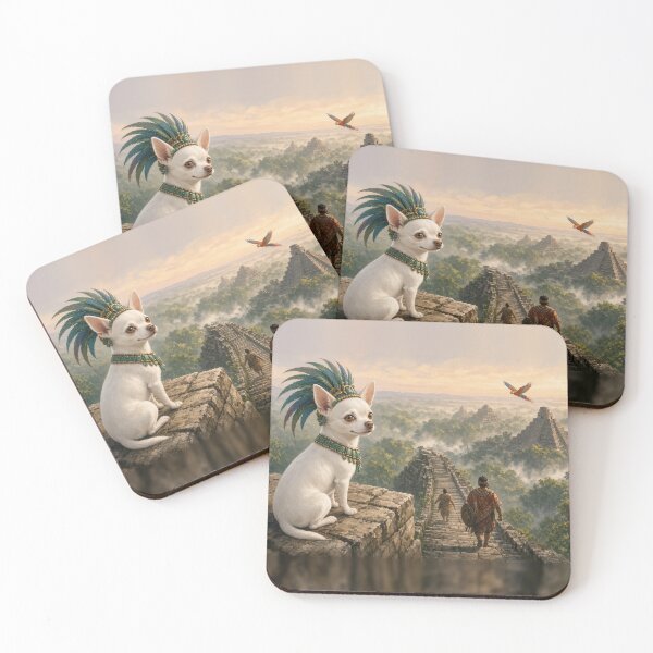 Item preview, Joshi, King of the Jungle Pyramid - The White Chihuahua Maya King Atop a Pyramid at Dawn designed and sold by KGOart.