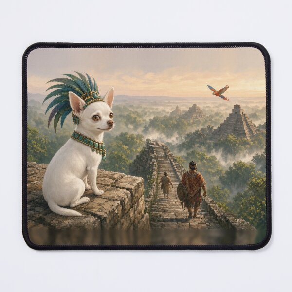 Item preview, Joshi, King of the Jungle Pyramid - The White Chihuahua Maya King Atop a Pyramid at Dawn designed and sold by KGOart.