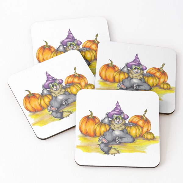 Item preview, A Black Cat Wearing a Witch Hat, Positioned Among Pumpkins designed and sold by SchneckeHasiART.