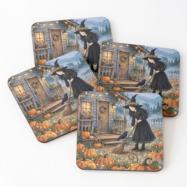 Item preview, Black witch and crow -Cottage Sweeping - sweeping porch of little cottage in pumpkin field designed and sold by DibujandoPorfa.