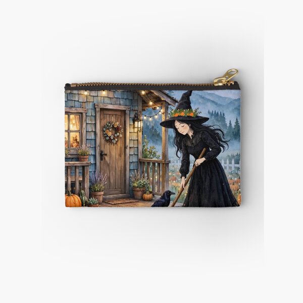 Item preview, Black witch and crow -Cottage Sweeping - sweeping porch of little cottage in pumpkin field designed and sold by DibujandoPorfa.