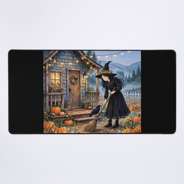 Item preview, Black witch and crow -Cottage Sweeping - sweeping porch of little cottage in pumpkin field designed and sold by DibujandoPorfa.