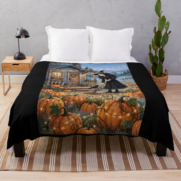 Item preview, Black witch and crow -Cottage Sweeping - sweeping porch of little cottage in pumpkin field designed and sold by DibujandoPorfa.