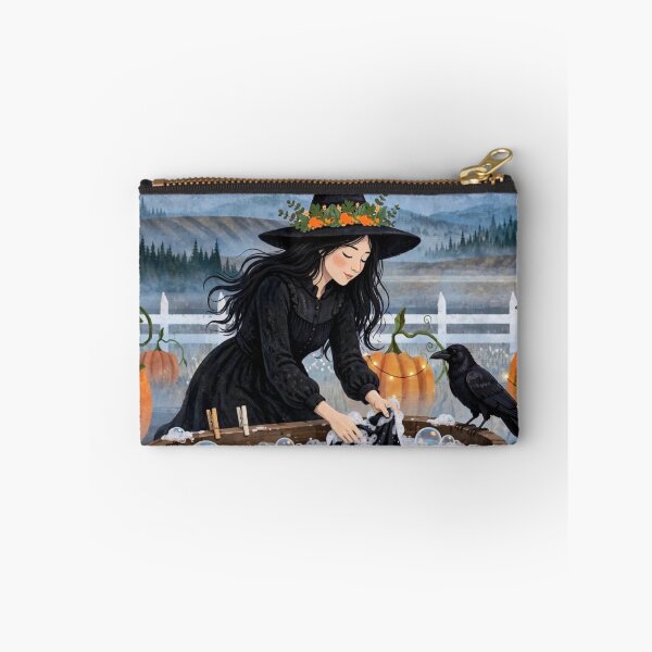 Item preview, Black witch and crow -Outdoor Laundry Day - doing laundry in washtub outdoors among pumpkins designed and sold by DibujandoPorfa.